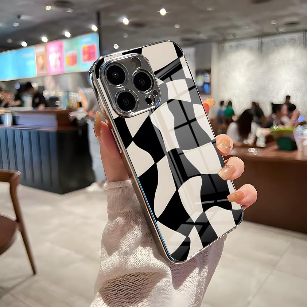 C-Checkerboard Phone Case For IPhone 17 Pro Max 15 Pro 16 14 Plus 12 13 Mini 11 Pro Shockproof Electroplated Glass Cover
