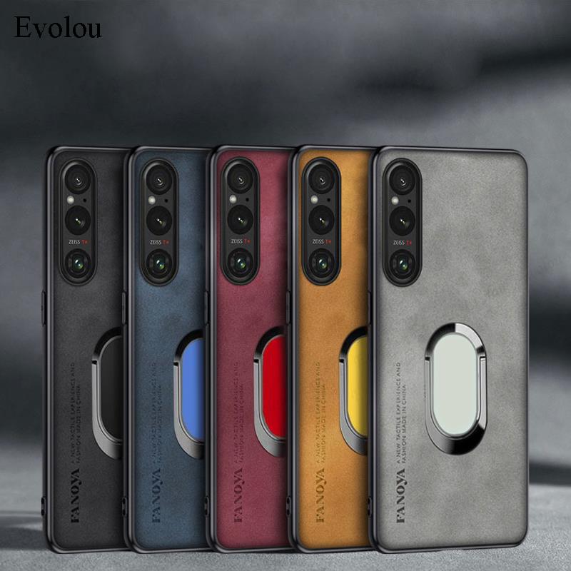Para Sony Xperia 1 V 10 V Funda de Teléfono de Cuero de Oveja con Soporte de Anillo Magnético Para Xperia 1 V 10 V Cubierta Trasera con Protección de Lente