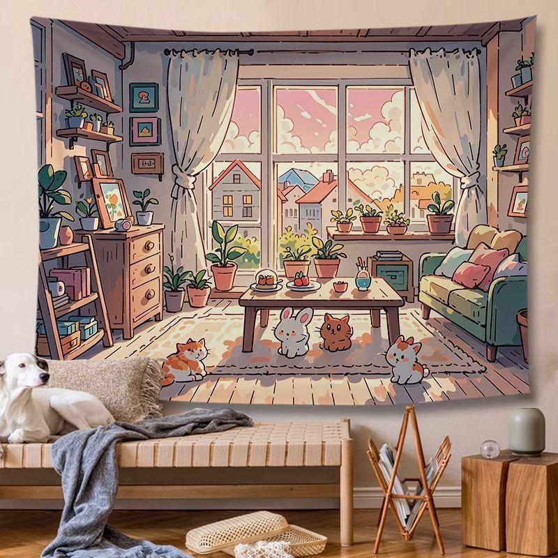 Warm Home Cat Rabbit Living Room Tapestry Wall Hanging Home Decor for Bedroom Living Room Dorm Japanese Aesthetic