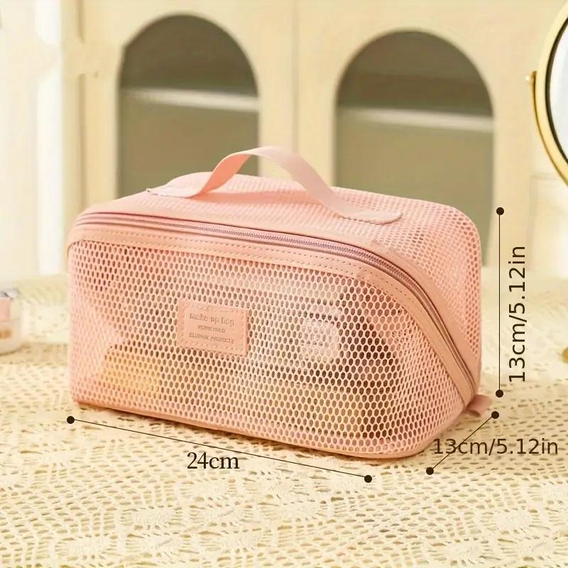 

1pc Large Capacity Nylon Mesh Transparent Cosmetic Bag, Multi-Functional Travel Pillow Case, Lightweight Toiletry Pouch for Women розовый