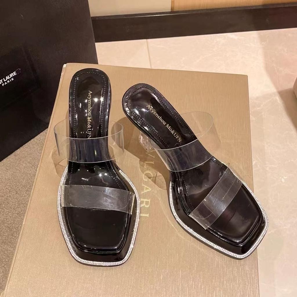 2025 Summer New Popular Transparent Crystal Heel Waterproof Table Thick Heel High Heel Cool Slippers Wear Fairy Style Women's Shoes