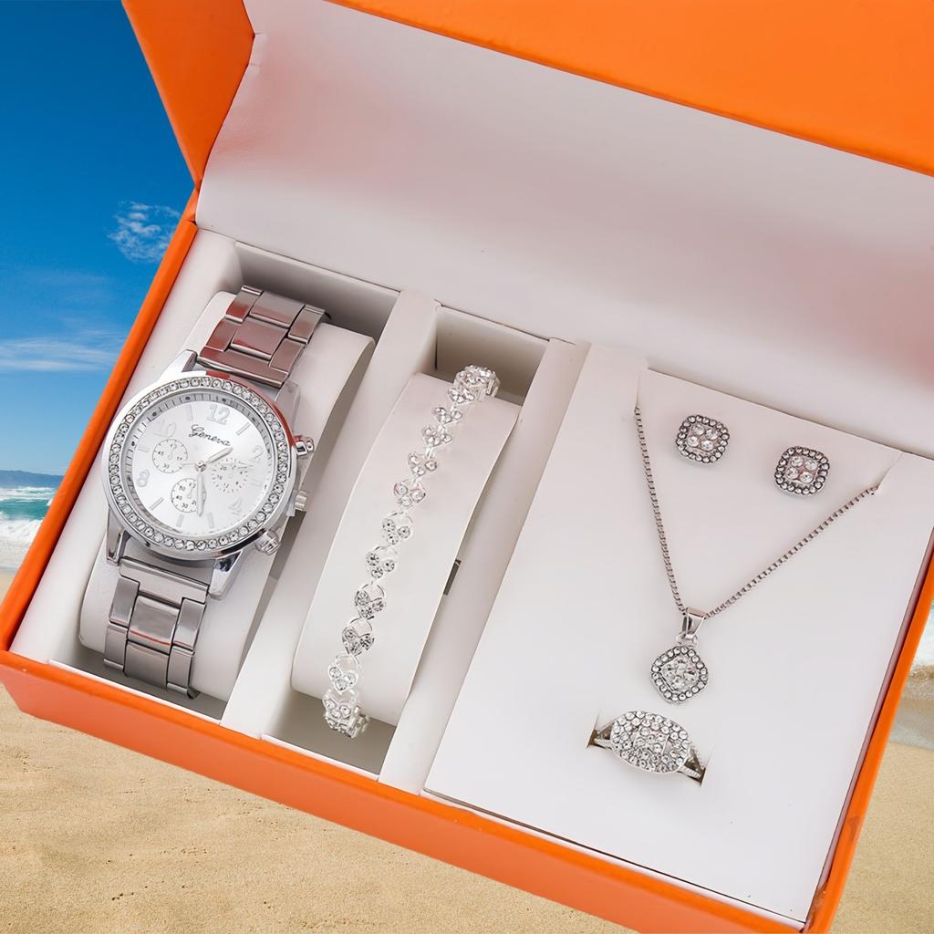 Three-eye Watch with Diamond Alloy Steel Belt Watch Women's Geneva Quartz Watch Set