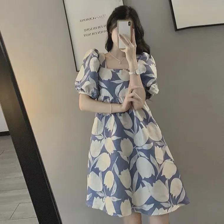 2023 French-Style Summer Mid-Length High-End Printed Puff Sleeve Dress for Women