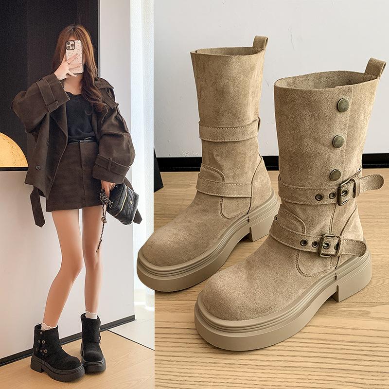 Height-increasing retro Maillard Martin boots women's autumn and winter new models but knee two wear thick-soled thick-heeled western short boots