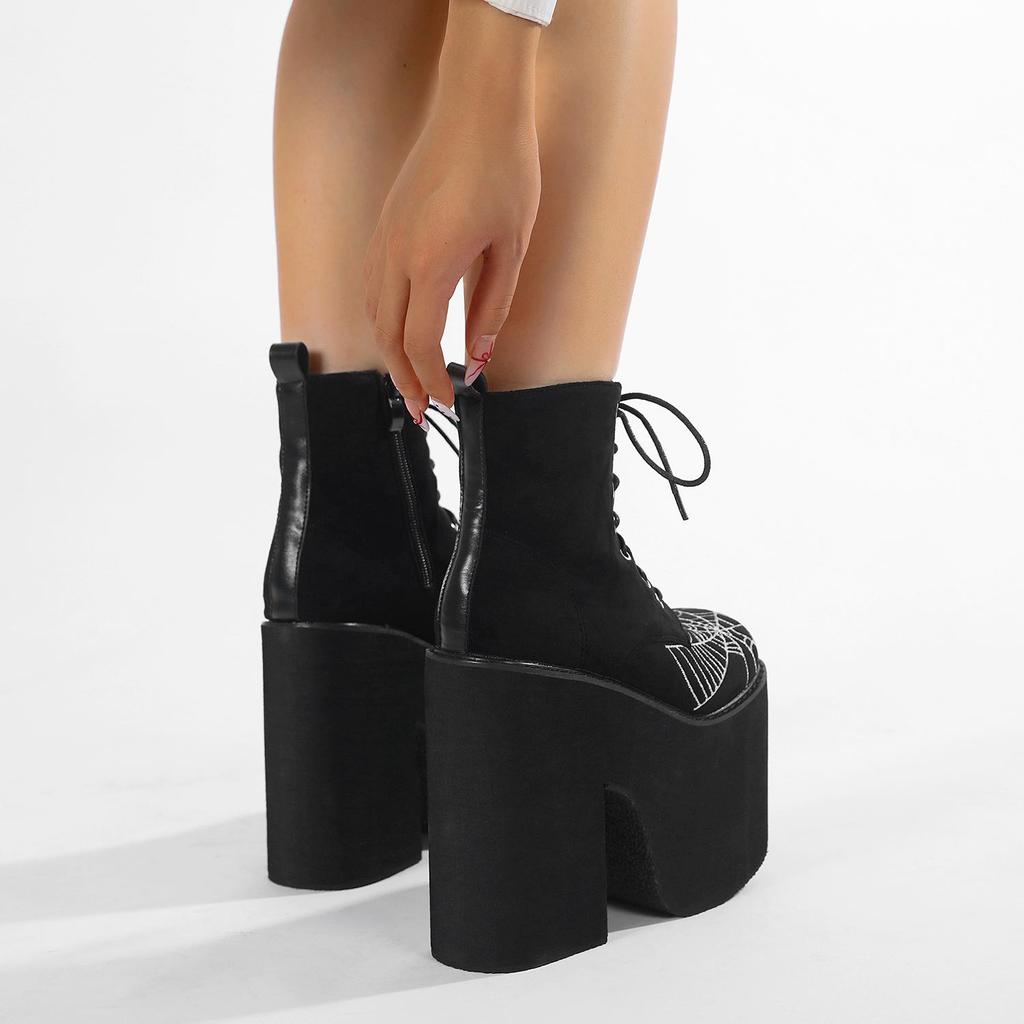 Gdgydh Damenstiefel Goth Spinnennetz Bestickte Schuhe Hoher Absatz Stiefeletten Hohe Plateauschuhe Qualität Mode Punk Klobige Absätze Reißverschluss