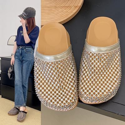 2025 Sommer neue modische Netz-Strass-Tasche Kopf Hausschuhe Damen runder Kopf flacher Boden bequem Mules coole Hausschuhe