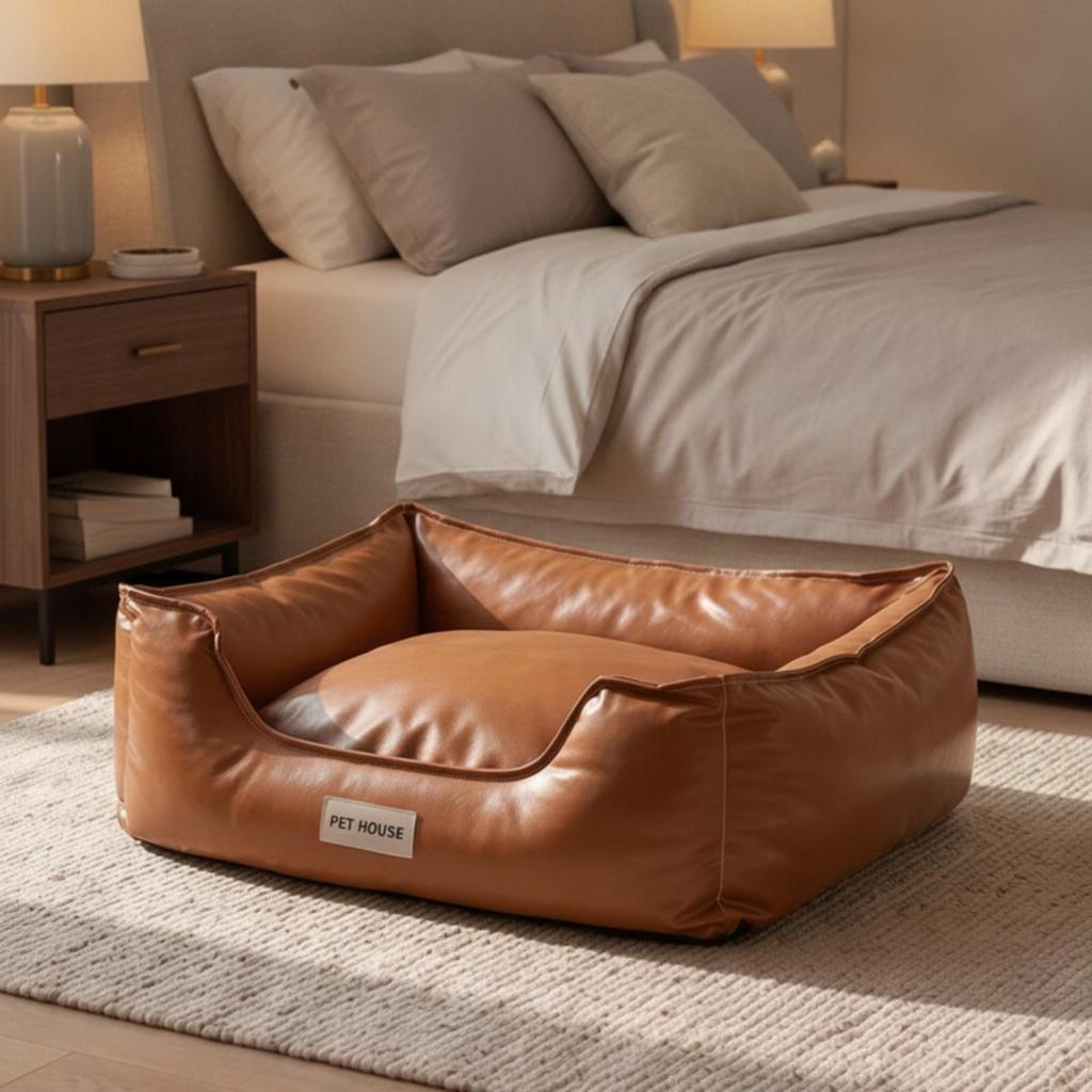 Easy to Clean Faux Leather Pet Bed | ShapeHolding Fill, with Raised Walls, for Living Room
