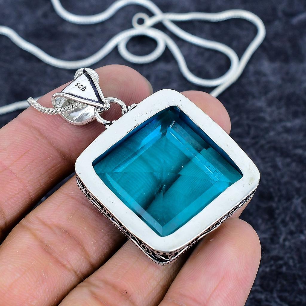 Blue Topaz Gemstone Handmade 925 Sterling Silver Jewelry Pendant 1.97" M-3230