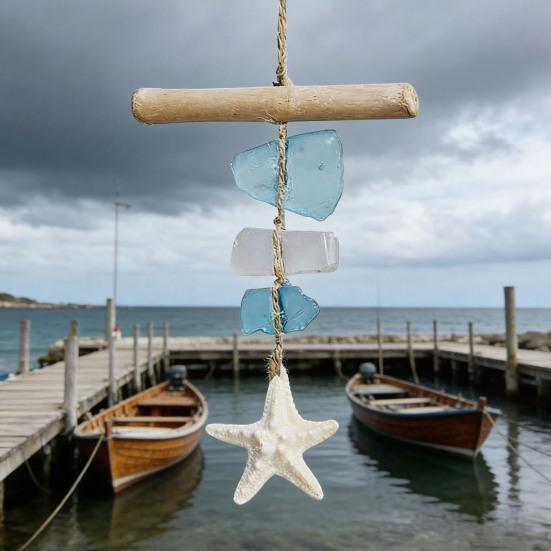 Seaglass Hanging Decoration Handmade Bohemian Coastal Nautical Starfish Sea Glass Art Home Office Beach House Wall Ornament Pendant