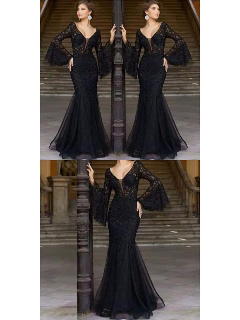 Elegant Black Fishtail Lace Evening Gown for Women