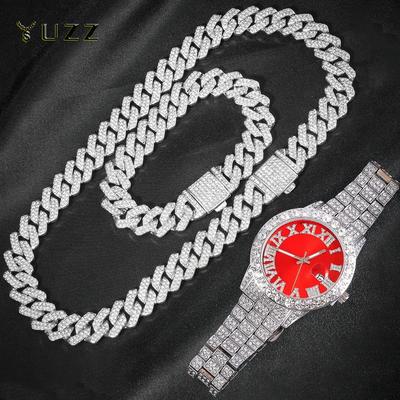 3 szt. Zegarek Łańcuch Kubański dla Mężczyzn Hip Hop Miami Curb Posypany Cyrkoniami Raper Kubański Naszyjnik Garnitur Zegarek+Bransoletka Biżuteria