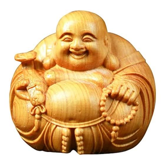WOWTAC Hotei-sama Seven Lucky Gods Boxwood Hotei-sama Mini Hand Carved Lucky Charm Ornament Buddha Statue Wood Carving Seven Lucky Gods Ornament