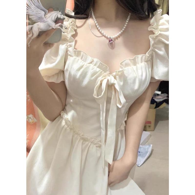 Pure White Dress with Coffee Break French Design Niche Puff Sleeve Fairy Skirt Summer