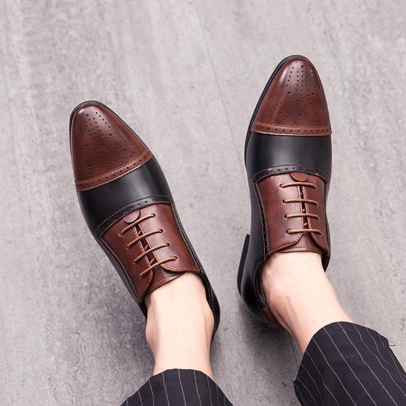 New Men Block Shoes PU Breathable Lace up Business Office Dress Shoes Italian Handmade Leather Shoe Size 38-48 Men Shoes