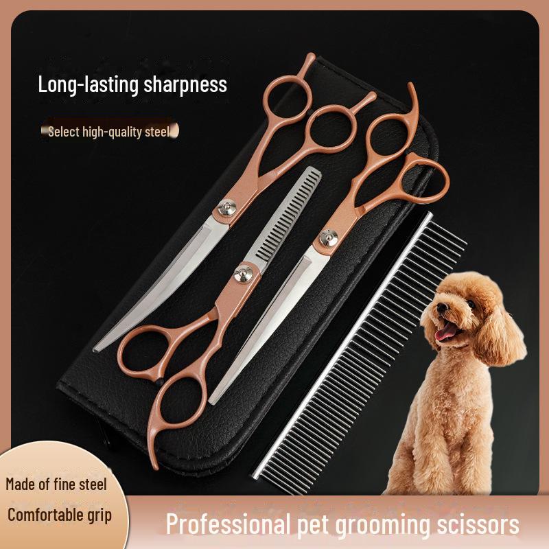Professional 7-Inch Dog Grooming Scissor Set: Flat, Tooth, Curling, and Thinning Scissors for Trimming and Shaping