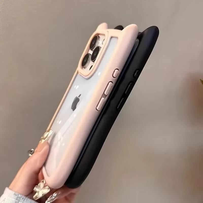 Soft Silicone Cute Cat Ear Phone Case For iPhone 16 17 15 13 14 12 11 18 Pro Max XS Max Funda Transparent Shockproof Back Cover