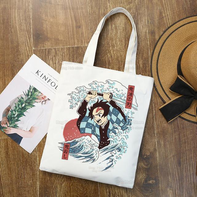 Geantă de pânză Tanjiro Nezuko Demon Slayer Harajuku Geantă de cumpărături Kimetsu No Yaiba Geantă de umăr originală pentru colegiu Utilizare zilnică