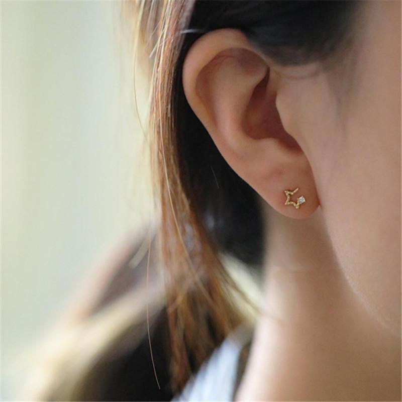 925 Sterling Silver Electroplated 14K Gold Asymmetric Star Zircon Earrings for Women Student Mini Simple Jewelry
