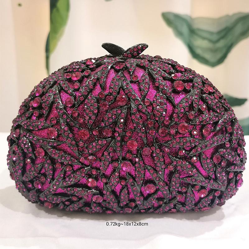 

Fuchsia/Rose Red Diamond Evening Bags Women Purses Clutch Luxury Designer Purse Women Semicircular Crystal Leaves Mini Handbags 18.5cmX12cmX10cm