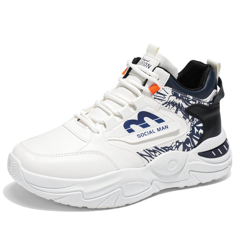 Men's Trendy High-Top White Sneakers: Breathable, Versatile Thick-Soled Casual Shoes