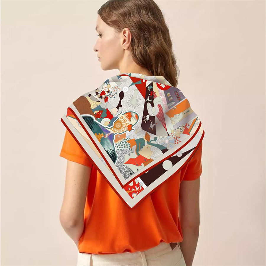 Silk Scarf Women Circus Troup Print Square Scarves Head Echarpes Silk Foulards Femme Wraps Beach Shawl Bandana Lady Hijabs 90CM