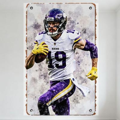 Plaque en métal effet aquarelle représentant un joueur de football américain des Vikings du Minnesota, style vintage rétro grunge, décoration murale idéale pour un bar, une salle de jeux ou une maison.