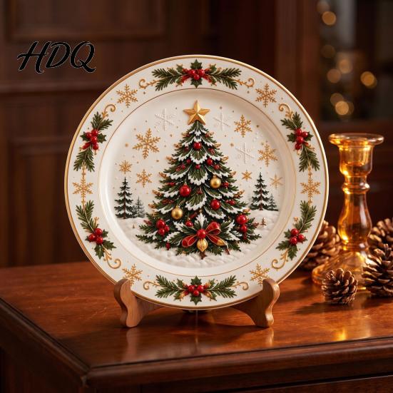 Winter Holiday Plate Wooden Christmas Round Plate Santa Snowman Stocking Tree Bell Sleigh Dish Table Centerpiece Decor Xmas Tabletop Ornament