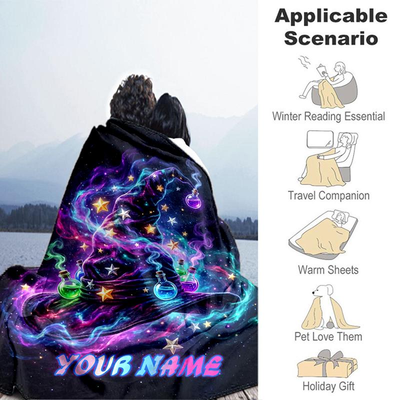 1PC Custom Name Magical Hat Dreamscape flannel blanket versatile,all-season throw suitable for the living room,bedroom,camping,travel,and gift