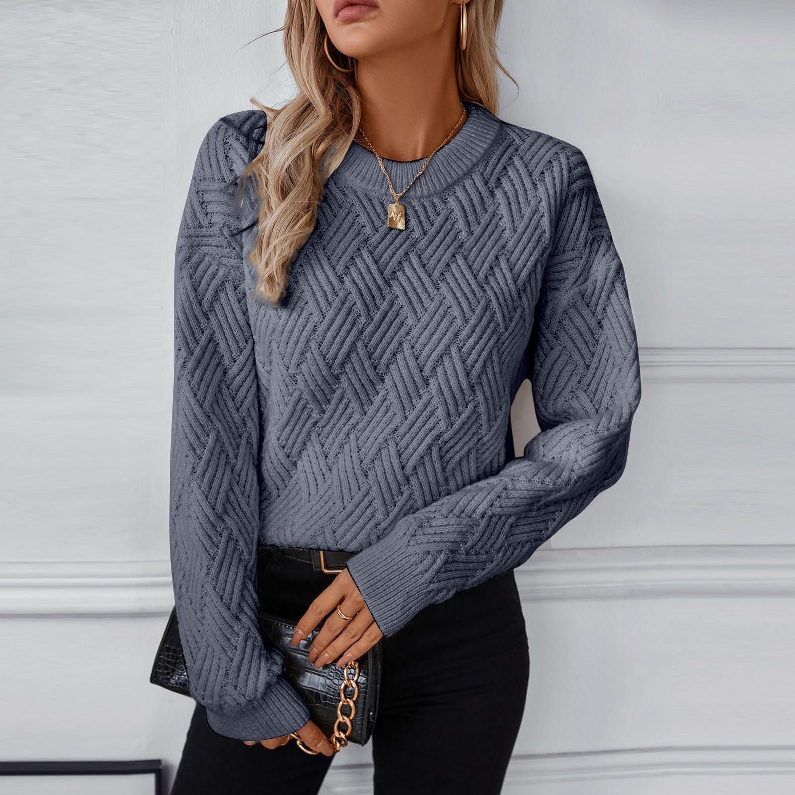 Однотонный вязаный свитер для женщин осень и зима новый ретро круглый вырез вязаный — фото 4