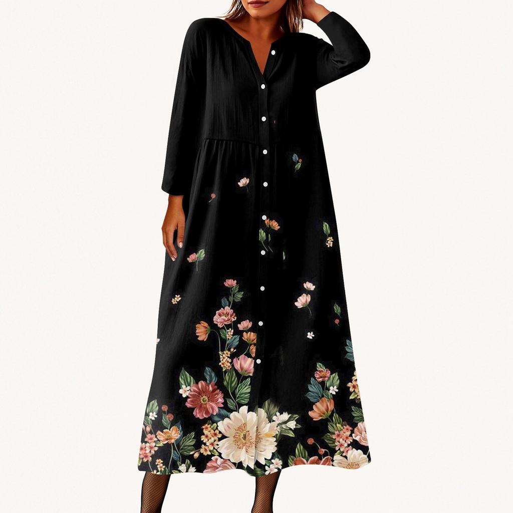 Women's Fashionable Printed Round Neck Seven Quarter Sleeve Button Loose Shirt Dress