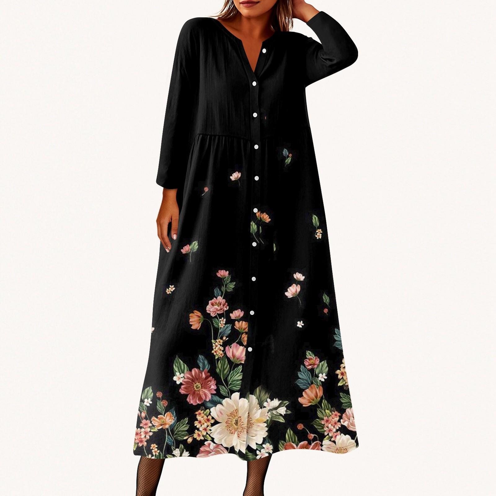 

Women s Fashionable Printed Round Neck Seven Quarter Sleeve Button Loose Shirt Dress S чорний