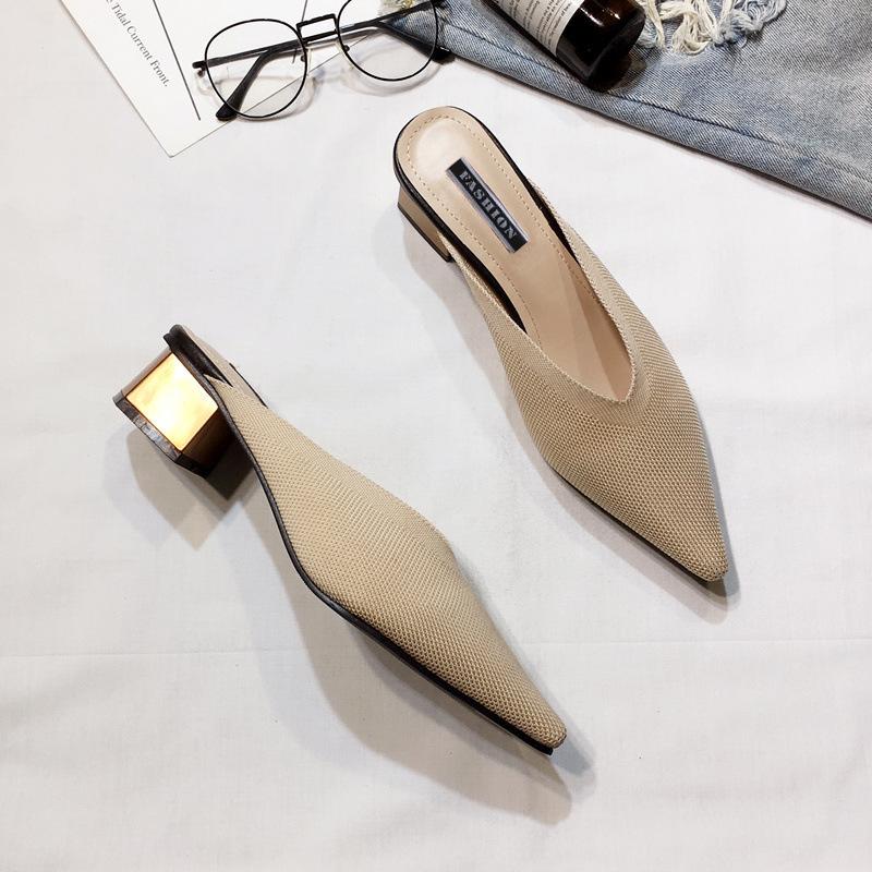 2025 Spring and Summer New Bag Head Half Slippers Women's Flying Woven Mid-heel Pointed Mueller Shoes Thick Heel Wear Lazy Cool Slippers