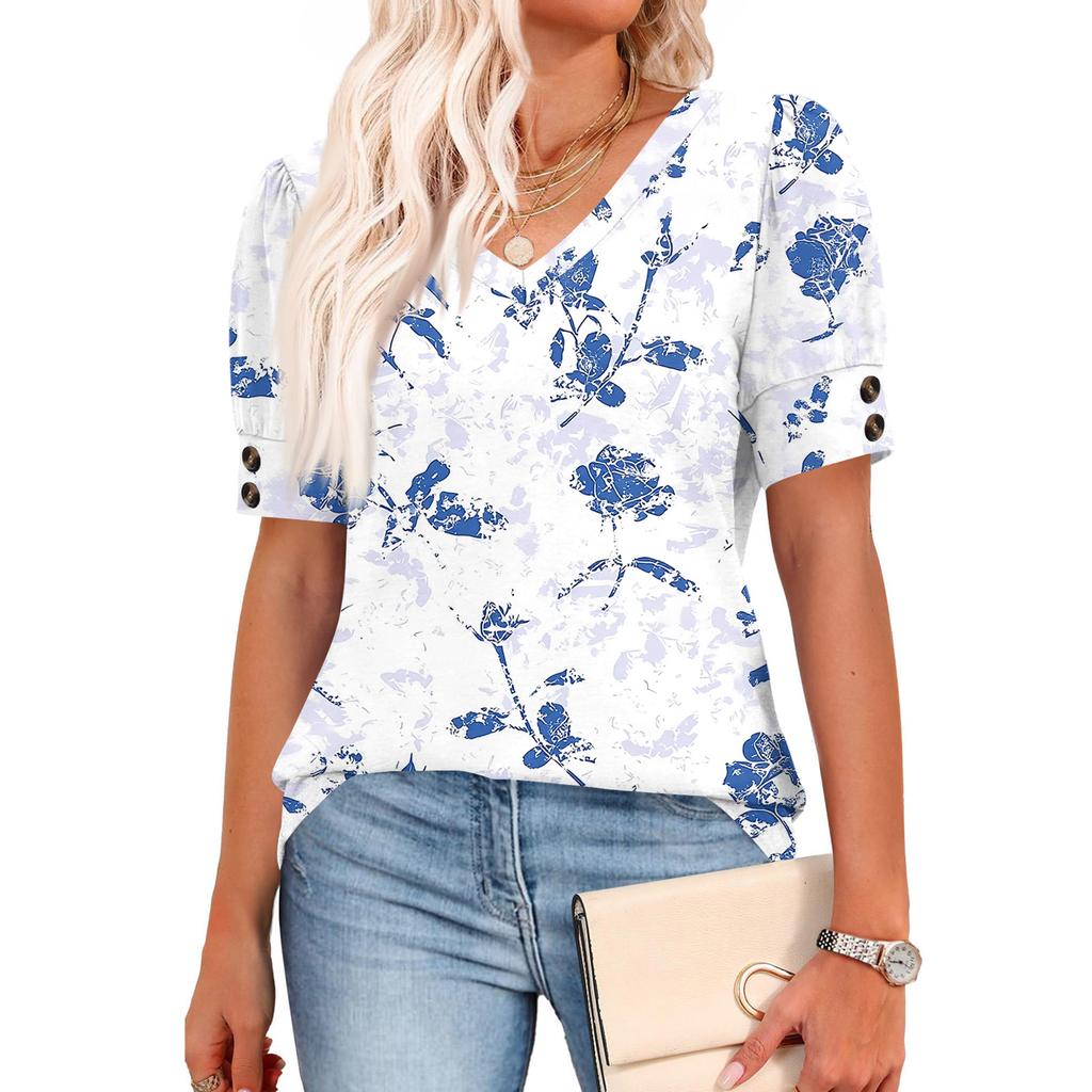 Womens Tops Short Sleeve Shirts Buttons V Neck  Fashion Outfits  Blouses  Casual