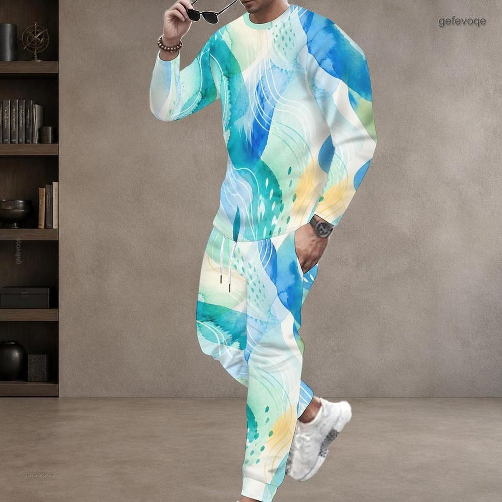 Men Plus Size Printed Navy Blue Round Neck Long Sleeve Top And Cuffed Pants Two Piece Sets