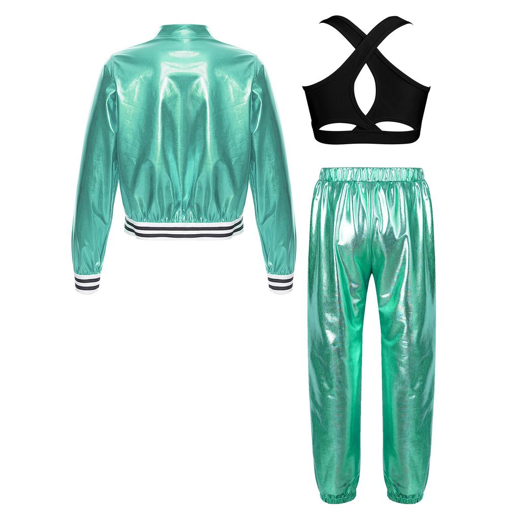 Girls Cross Back Vest Set Sleeveless Keyhole Long Sleeve Jacket Zipper Pants Hip Hop Dance Costume