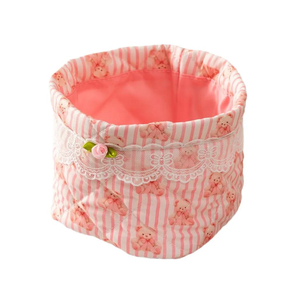 New Durable Quilting Cotton Desktop Storage Basket Lace Bowknot Decor Large-capacity Round Organizer Storage Container Home