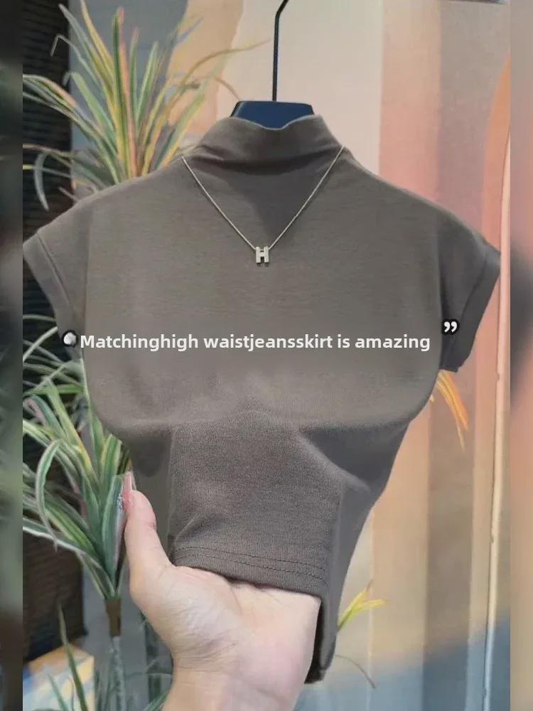 Damen Schwarzes Slim Kurzarm T-Shirt mit Halbochkragen, Frühjahr/Sommer Kollektion 2025