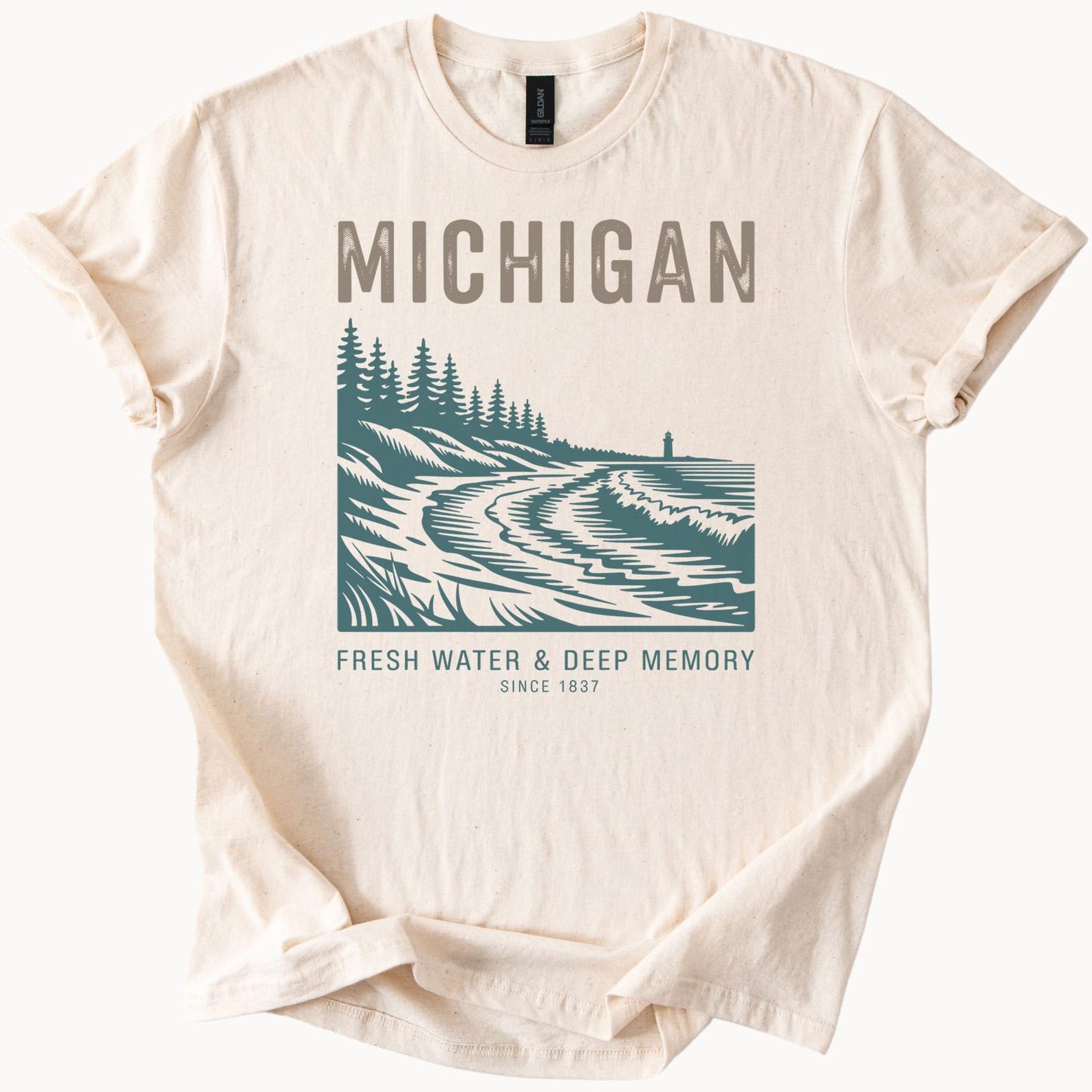 Michigan Graphic T Shirt Great Lakes Fresh Water Deep Memory Forest River Nature Scene Outdoors Michigan State Tee Since 1837 Lake Shirt 150
