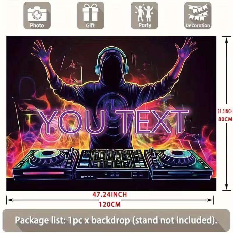 Neon DJ Wall Hanging, Personalized Text Music Party Backdrop for Club, Bar & Birthday Decor