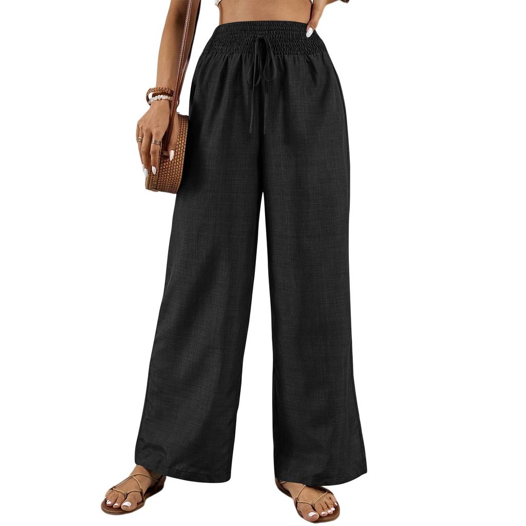 Damen Einfarbig Plissee Taille Kordelzug Locker Weites Bein Gerades Bein Hose