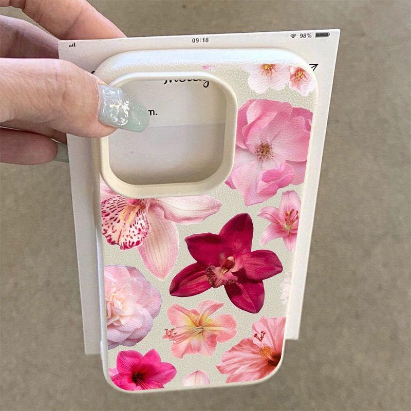 Eine stilvolle rosa-blumenverzierte Handyhülle mit Litschi-Textur, geeignet für iPhone 17, 16, 15, Plus, Pro, Max Serien-Handys—Kann als Geschenk verwendet werden