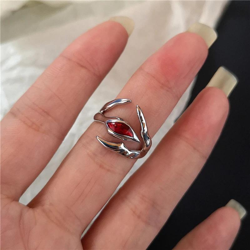 Goth Punk Retro Red Crystal Love Heart Cross Geometry Irregular Open Ring Set Y2K Halloween Accessories For Women  Jewelry
