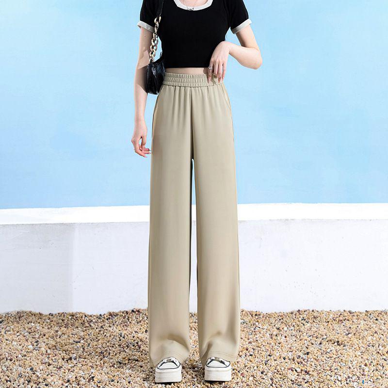 Women's Plus Size Black Ice Silk Wide-Leg Summer Pants - Loose, Slimming, High Elastic, Cool Straight-Leg Design.