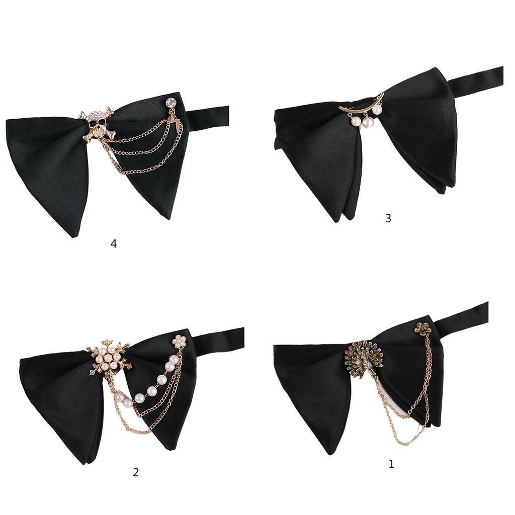 Herren Elegante Schwarze Übergröße Fliege mit Perlenkette Verstellbare Vorgebundene Hornfliege Smoking Krawatte für Hochzeitsfeier