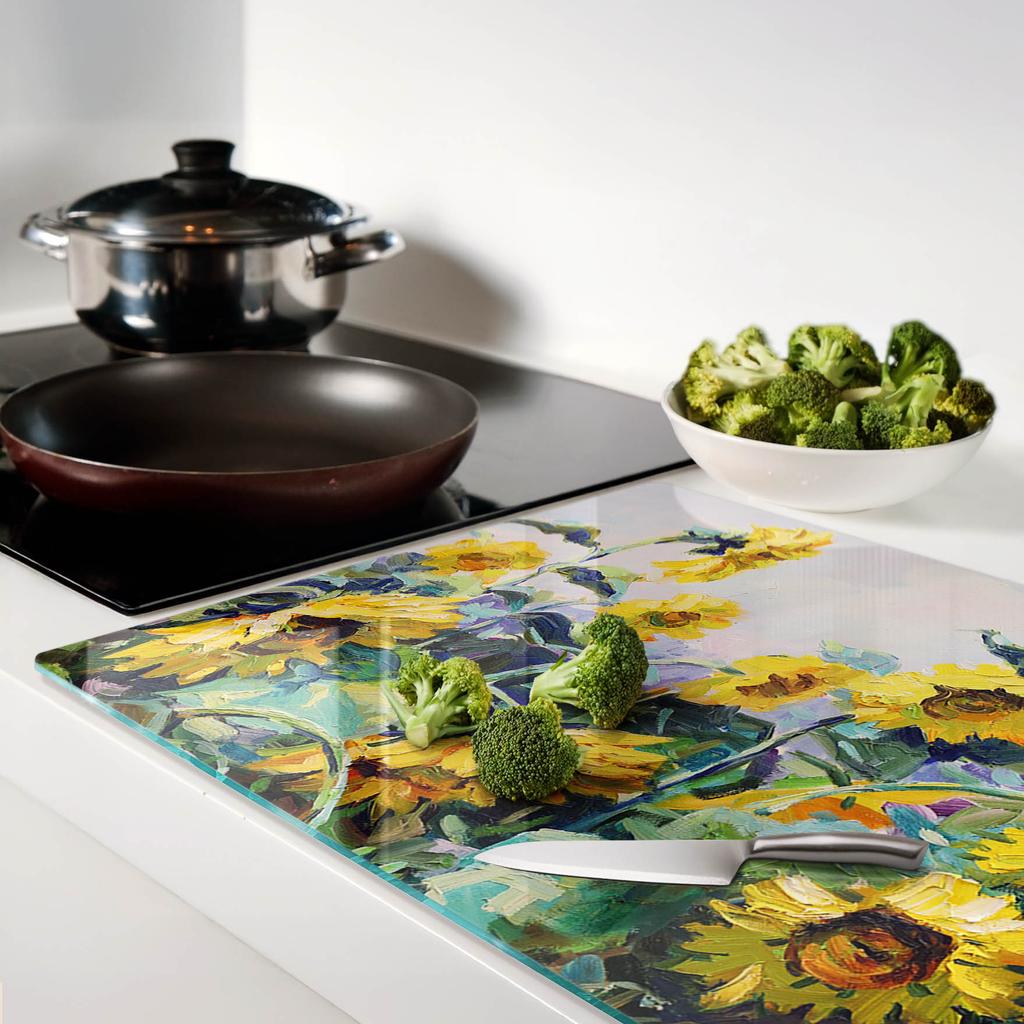 Decorative Glass Kitchen Chopping Board with Sunflower Graphics 80x52 cm