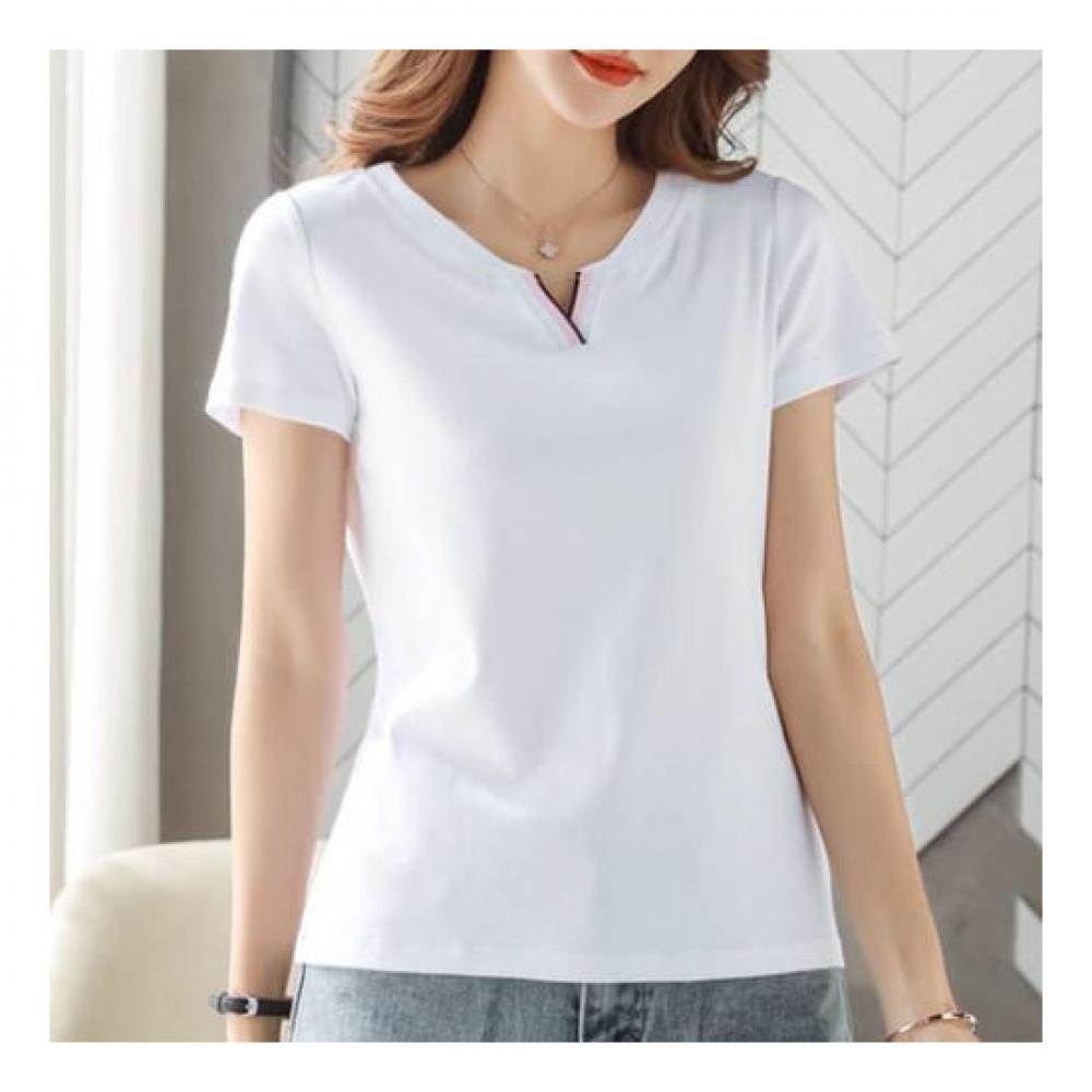 Navava NT1796 Simple Color Blocking PoinT SpliT Neck ShorT Sleeve T shirT