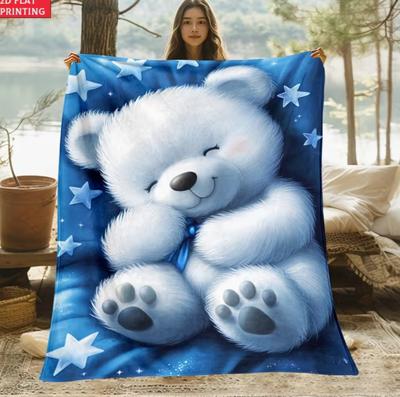 One Teddy Bear Design On a Blue Backdrop Blanket Flannel Throw for Sofa, Outdoor, Camping Living Room Office Winter Warmth