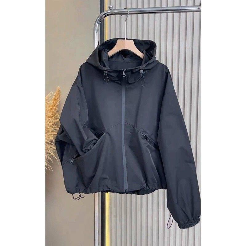 Womens Black Hooded Windbreaker Jacket Lightweight Casual Outerwear Fall 2026 Urban Style