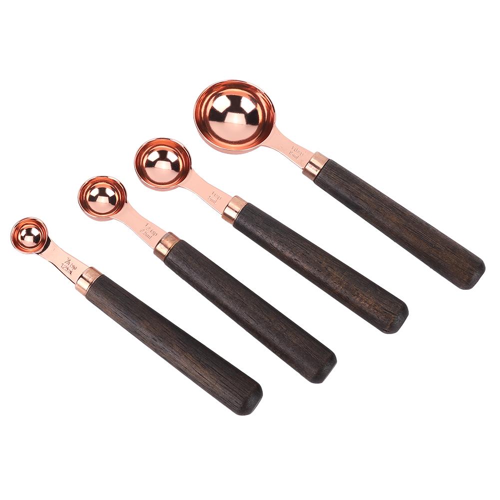 4Pcs/Set Stainless Steel Measuring Spoon Set Rose Gold with Wood Handle Bakeware