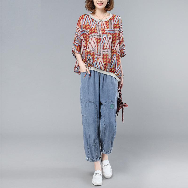 Summer 2023 Stylish Loose Fit Two-Piece Suit for Middle-Aged Women - Short-Sleeve Top & Pants Set